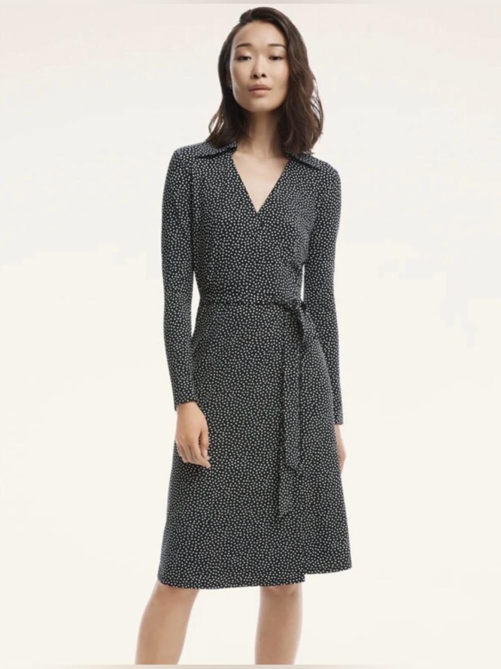 BROOKS BROS Black + White Belted Midi Wrap Dress w V-Neck, Long Sleeves - Sz XS
